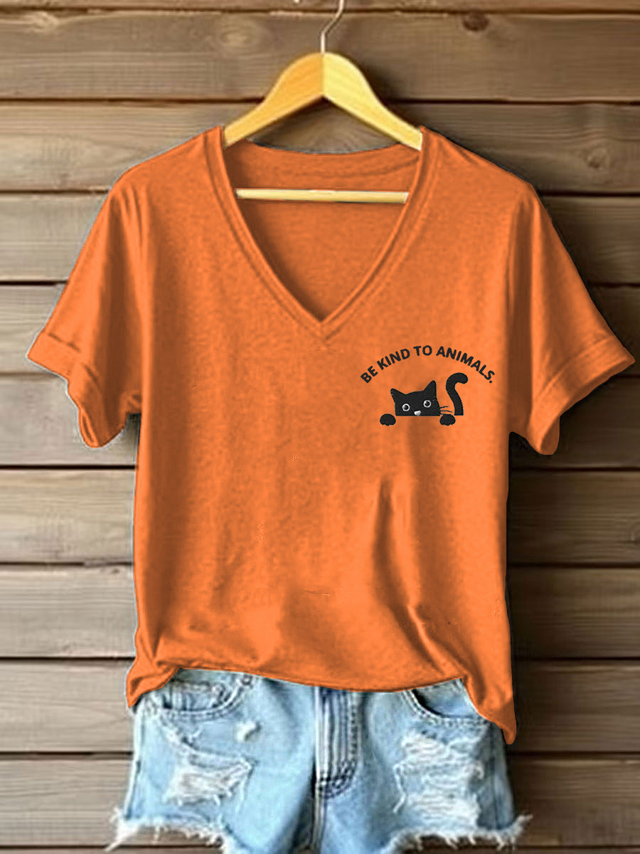 Damen-T-Shirt mit Katze und Tierschutz-Botschaft – V-Ausschnitt, Baumwollmischung, kurzarm