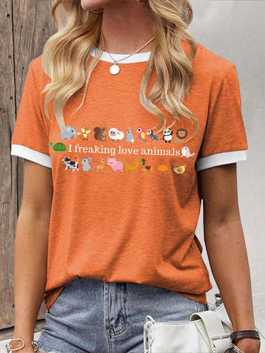 Damen-T-Shirt mit Tiermotiven und Statement-Print – Baumwollmischung, kurzarm, lässiger Stil