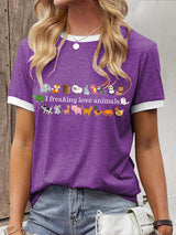 Damen-T-Shirt mit Tiermotiven und Statement-Print – Baumwollmischung, kurzarm, lässiger Stil