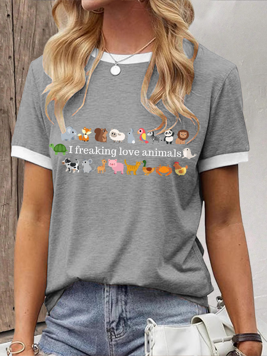 Damen-T-Shirt mit Tiermotiven und Statement-Print – Baumwollmischung, kurzarm, lässiger Stil
