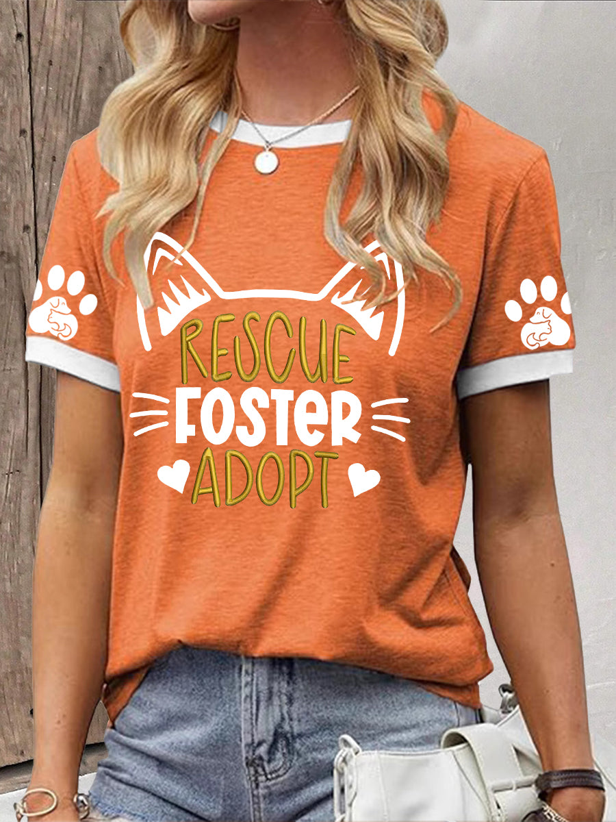 Damen-T-Shirt mit Aufdruck „Rescue • Foster • Adopt“ – Tierschutz-Design mit Katzenohren und Herz-Details