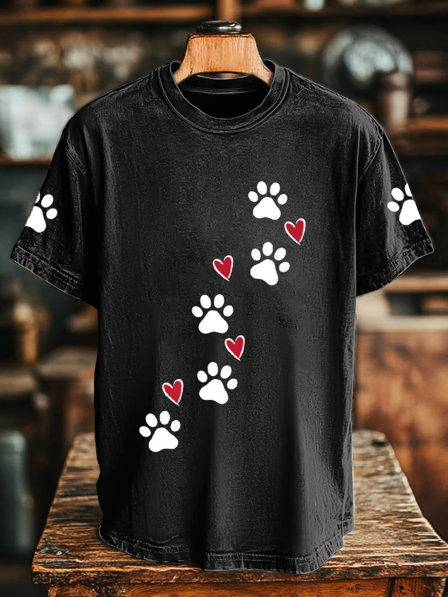Unisex-T-Shirt mit Pfotenabdruck und Herz-Print – Tierfreundliches Kurzarmshirt aus Baumwollmix