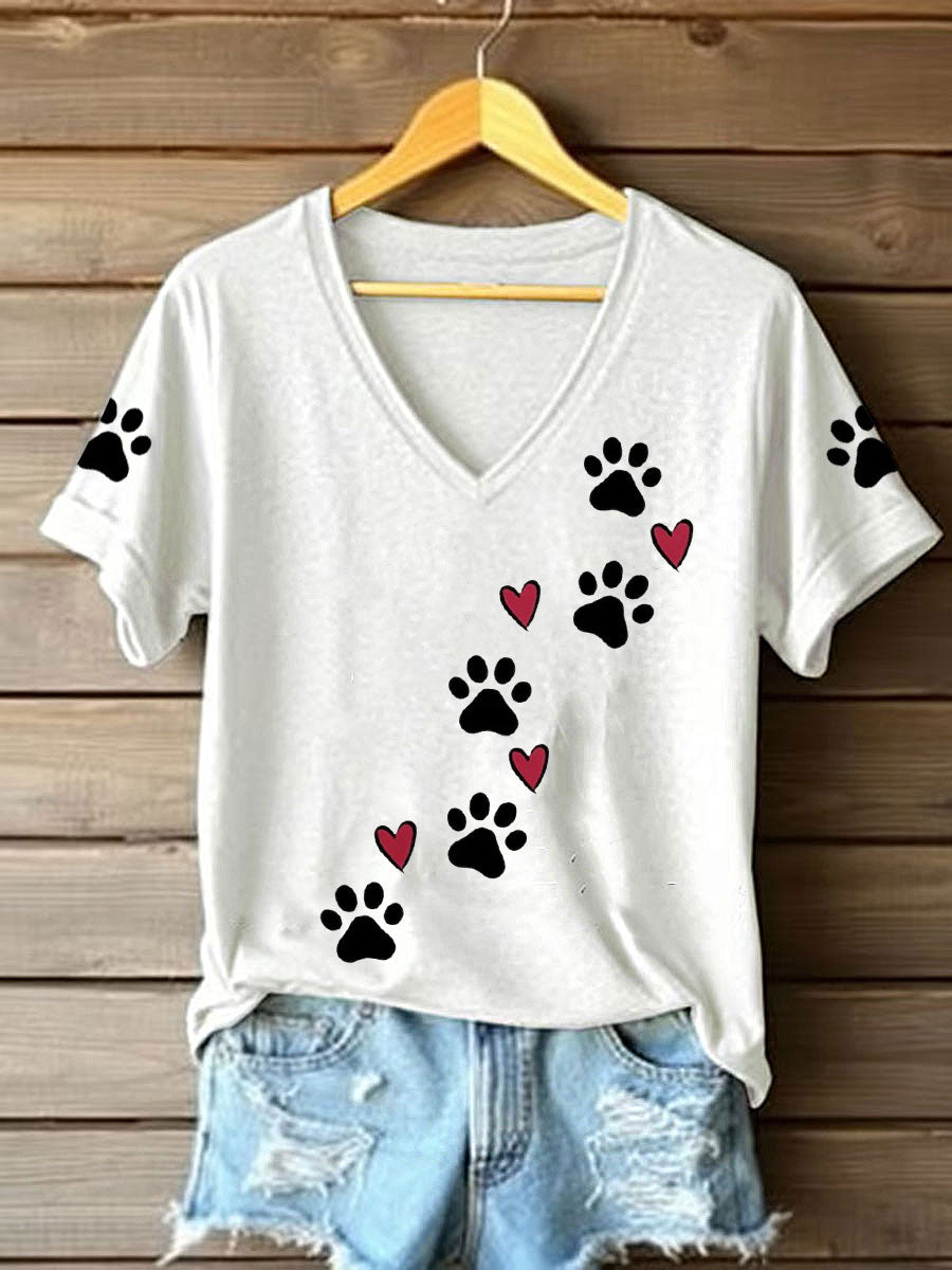 T-Shirts mit V-Ausschnitt und Tier-Fußabdrücke für Frauen