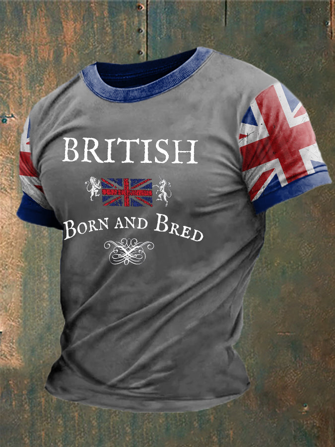 Herren T-Shirt mit „British Born and Bred“-Print – Union-Jack-Design im Vintage-Stil Hellgrau / S
