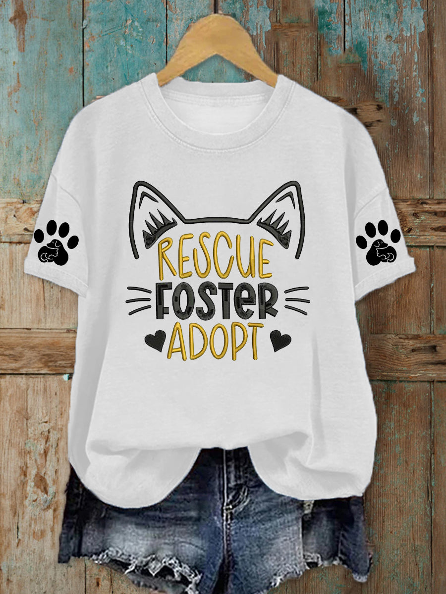 Damen T-Shirt mit „Rescue Foster Adopt“-Print – Tierliebes Statement-Shirt aus Baumwollmix Weiß / S