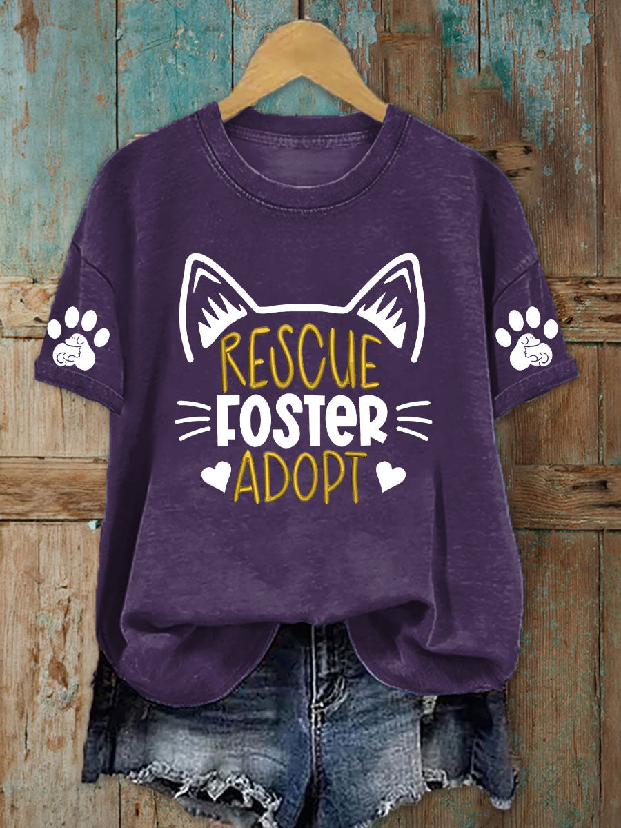 Damen T-Shirt mit „Rescue Foster Adopt“-Print – Tierliebes Statement-Shirt aus Baumwollmix Lila / S