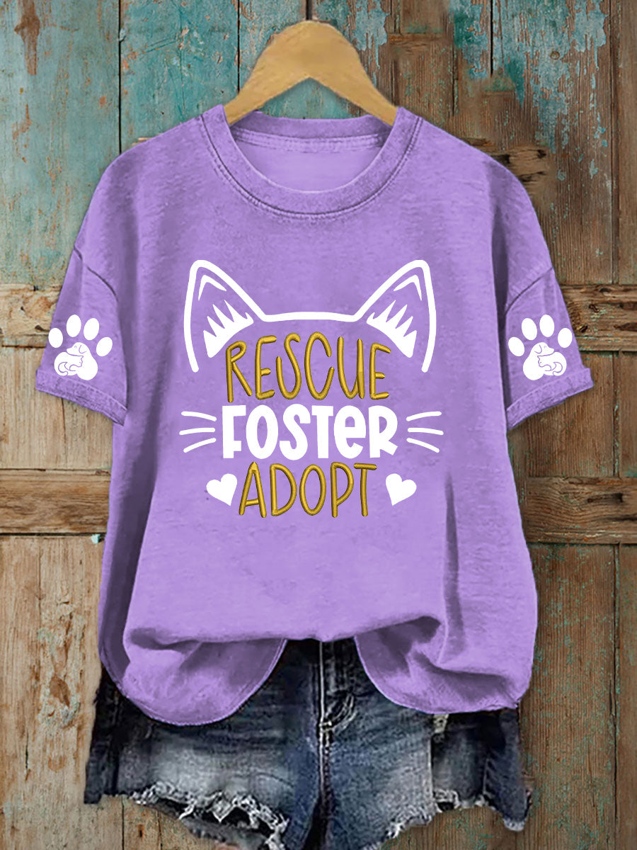 Damen T-Shirt mit „Rescue Foster Adopt“-Print – Tierliebes Statement-Shirt aus Baumwollmix Hell Lila / S