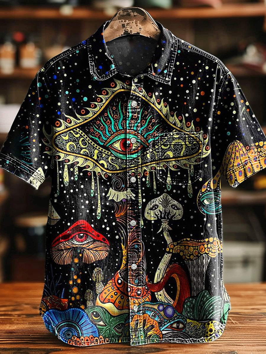Herren Kurzarmhemd mit psychedelischem Pilz-Print – Abstraktes Kunstdesign mit Allsehendes Auge, Retro-Stil