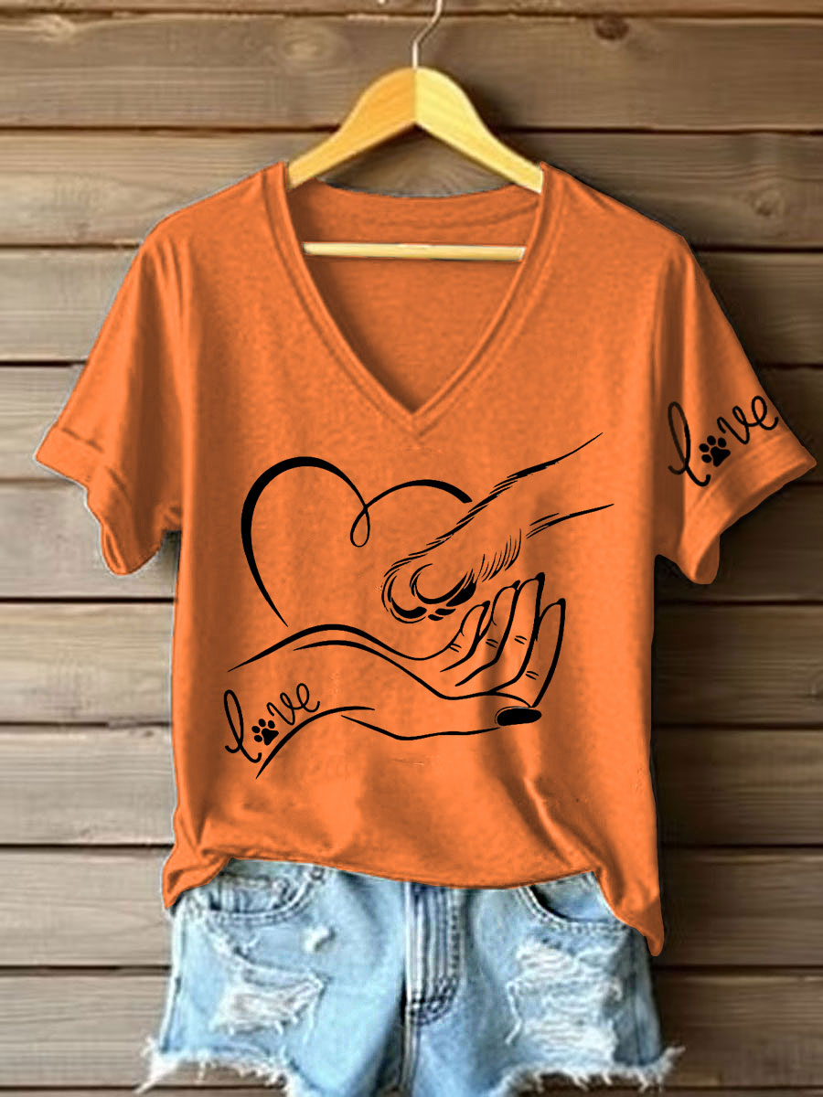 Damen V-Ausschnitt T-Shirt mit “Love”-Hand-Pfote-Print – Baumwollmischung für Tierliebhaber