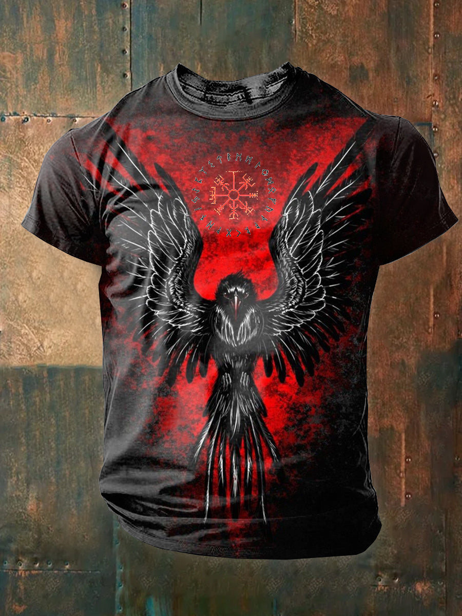 Herren T-Shirt mit Wikinger-Rabe & Runen – Mystischer Print aus Baumwollmischung für Fantasy-Fans