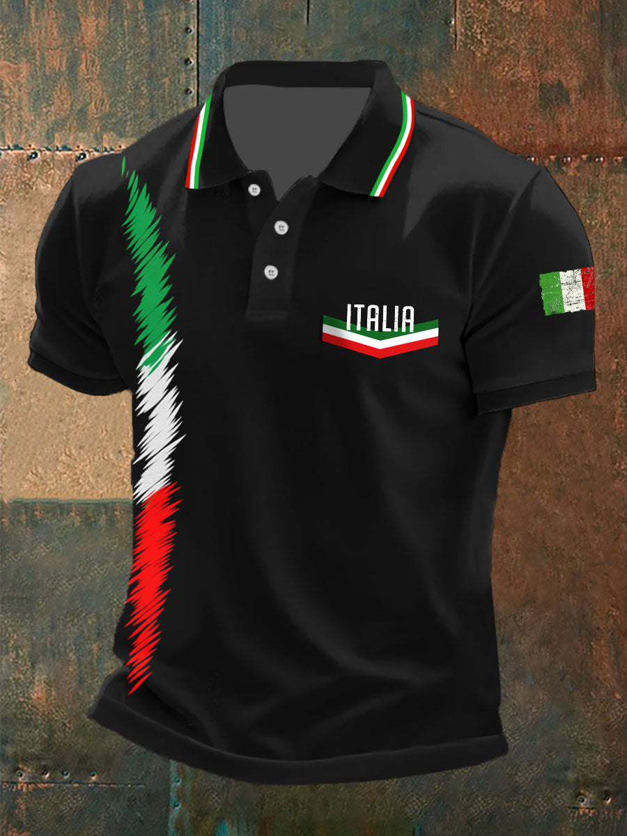 Herren Poloshirt mit “Italia”-Print & Flaggenstreifen – Baumwollmischung im sportlichen Design