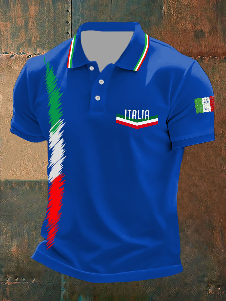 Herren Poloshirt mit “Italia”-Print & Flaggenstreifen – Baumwollmischung im sportlichen Design