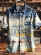 Herren Kurzarmhemd mit Vintage-Farbklecks-Print – Baumwollmischung für Sommer & Freizeit