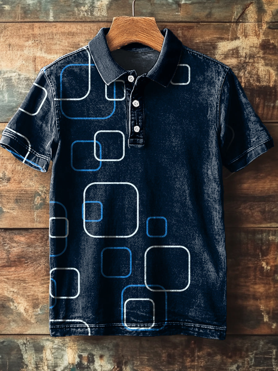 Herren-Poloshirt mit abstraktem Quadrat-Print – Kurzarmshirt für Freizeit & moderne Looks