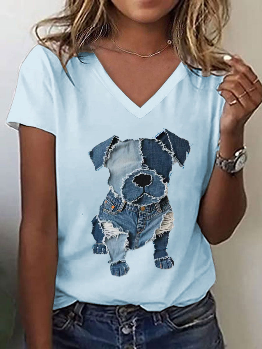 Damen V-Ausschnitt T-Shirt mit Jeans-Hundemotiv – Casual-Stil, Baumwollmischung