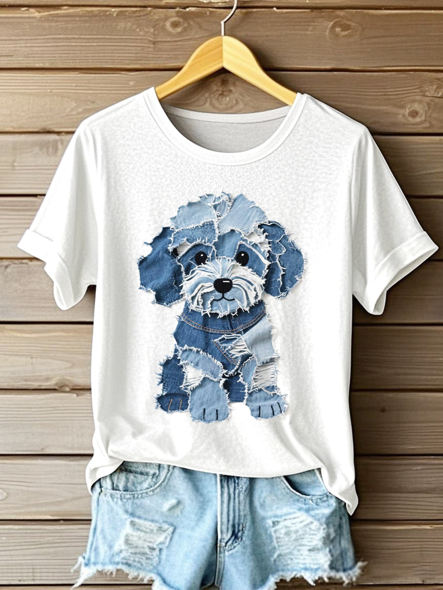 Damen T-Shirt mit Patchwork-Hund in Jeansoptik – Kurzarm, Niedlicher Stil, Baumwollstoff