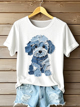 Damen T-Shirt mit Patchwork-Hund in Jeansoptik – Kurzarm, Niedlicher Stil, Baumwollstoff