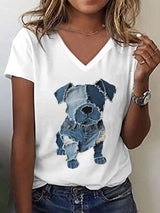 Damen V-Ausschnitt T-Shirt mit Jeans-Hundemotiv – Casual-Stil, Baumwollmischung