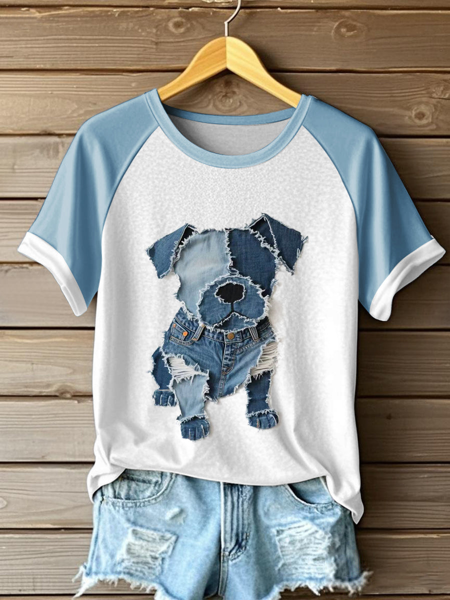 Damen T-Shirt mit Patchwork-Hund und Kontrastärmeln – Rundhals, Freizeitlook, Baumwollmix