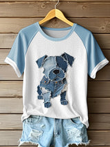Damen T-Shirt mit Patchwork-Hund und Kontrastärmeln – Rundhals, Freizeitlook, Baumwollmix