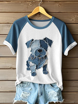 Damen T-Shirt mit Patchwork-Hund und Kontrastärmeln – Rundhals, Freizeitlook, Baumwollmix