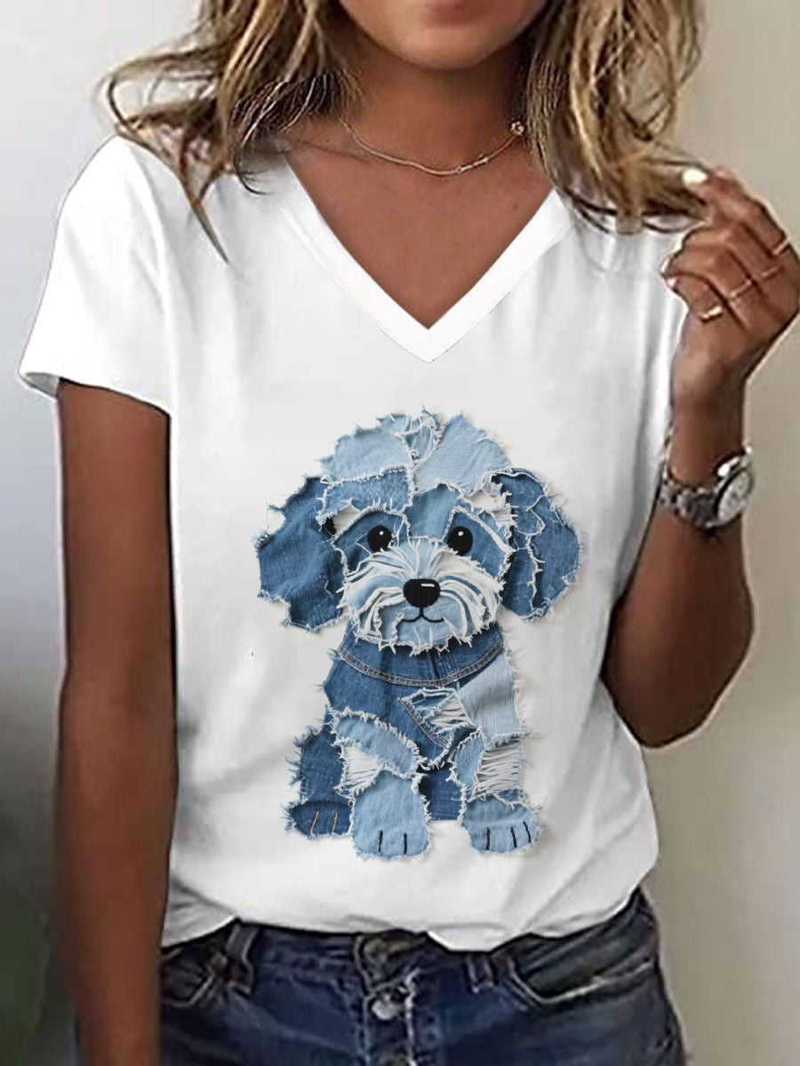 Damen V-Ausschnitt T-Shirt mit süßem Patchwork-Hund – Weiß, Freizeitlook, Baumwollmix