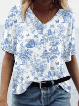 Damen T-Shirt mit Vintage-Katzen- und Blumenmuster – Lockerer Schnitt, V-Ausschnitt