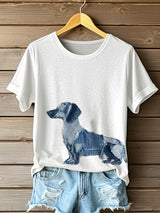 Damen T-Shirt mit Dackel-Print im Patchwork-Stil – Weiß, Kurzarm, Bequem