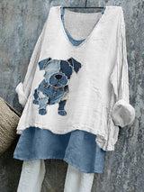 Damen Longsleeve mit Hundemotiv aus Jeans – Casual-Look mit Vintage-Waschung, Baumwollmix