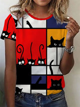 Damen T-Shirt mit buntem Patchwork-Katzenmotiv – Lustiges Design im Comic-Stil für Alltag & Freizeit