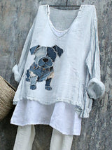 Damen Longsleeve mit Hundemotiv aus Jeans – Casual-Look mit Vintage-Waschung, Baumwollmix