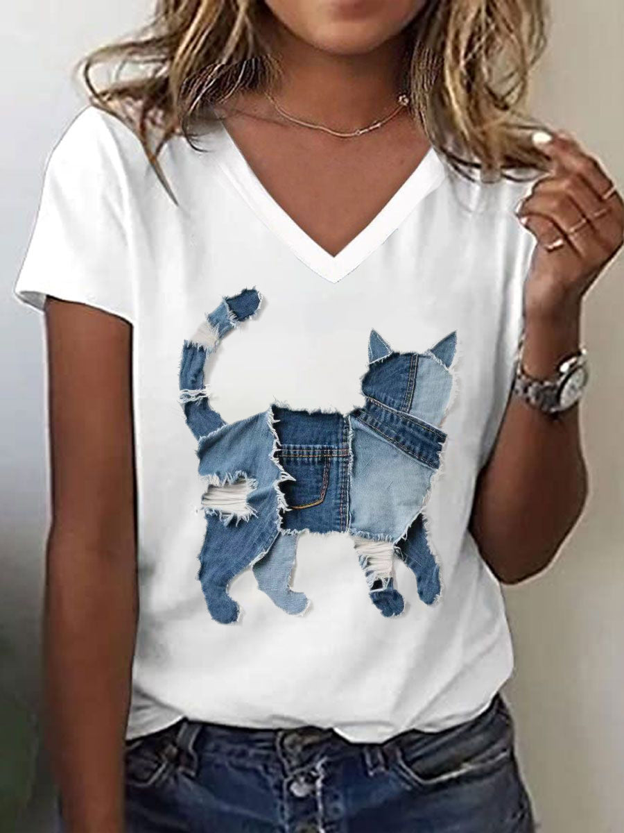 Damen T-Shirt mit Jeans-Katzenapplikation – Vintage-Stil, V-Ausschnitt, Baumwollmischung für Freizeit-Looks