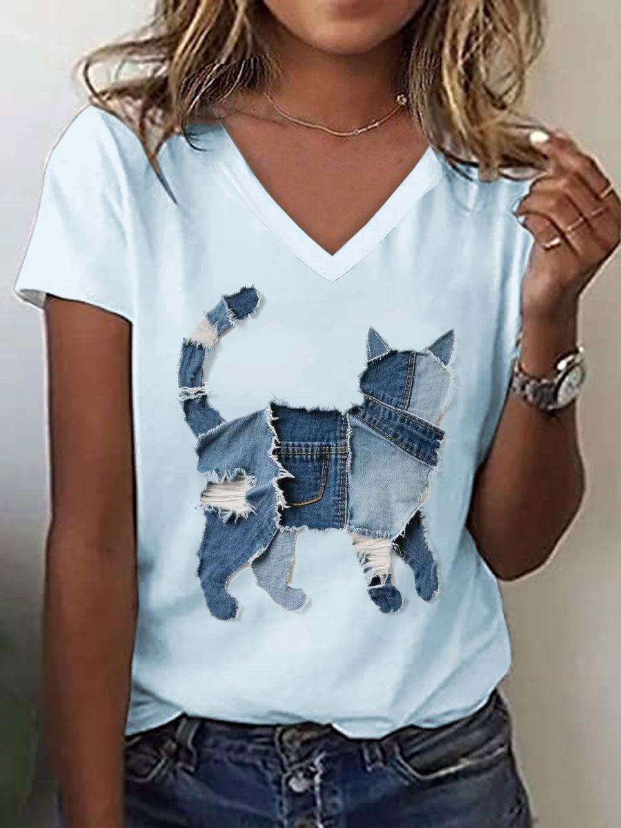 Damen T-Shirt mit Jeans-Katzenapplikation – Vintage-Stil, V-Ausschnitt, Baumwollmischung für Freizeit-Looks