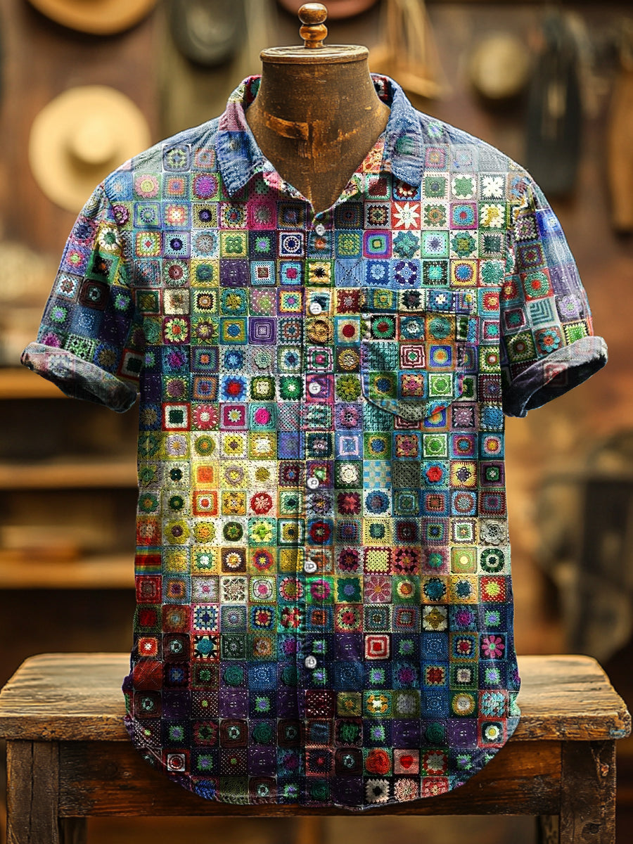 Herren Kurzarmhemd mit buntem Patchwork-Print – Reverskragen, Baumwollmix, Sommer & Freizeit