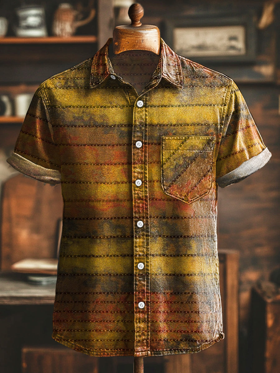 Herren Retro-Kurzarmhemd mit gestreiftem Vintage-Muster – Baumwollmix, Leicht & Lässig für Alltag & Urlaub