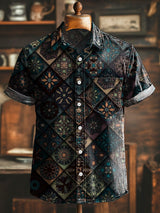 Herren Kurzarmhemd mit Retro-Mosaik-Print – Leichte Baumwollmischung, Reverskragen, Lässig & Sommerlich
