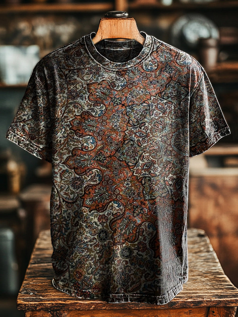 Herren T-Shirt mit orientalischem Teppichmuster – Vintage-Stil, Baumwollmischung, Kurzarm