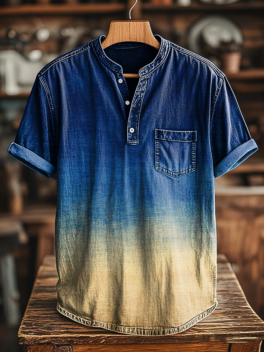 Herren Kurzarm-Shirt mit Denim-Optik & Farbverlauf – Baumwollmix, V-Ausschnitt, Brusttasche, lässiger Sommerstil für Alltag & Freizeit
