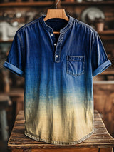 Herren Kurzarm-Shirt mit Denim-Optik & Farbverlauf – Baumwollmix, V-Ausschnitt, Brusttasche, lässiger Sommerstil für Alltag & Freizeit