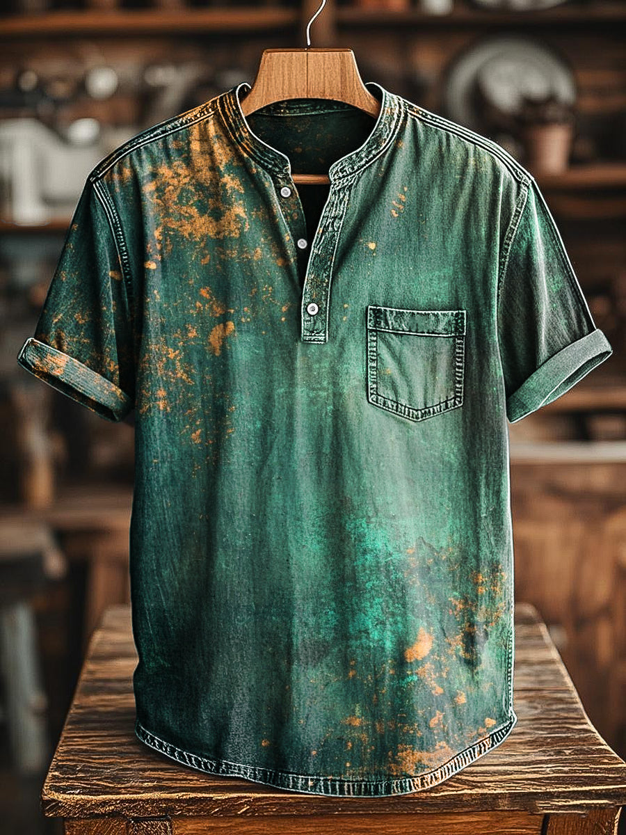 Herren T-Shirt im Used-Look in Grün – Baumwollmix, Kurzarm, Vintage Stil für Alltag & Freizeit