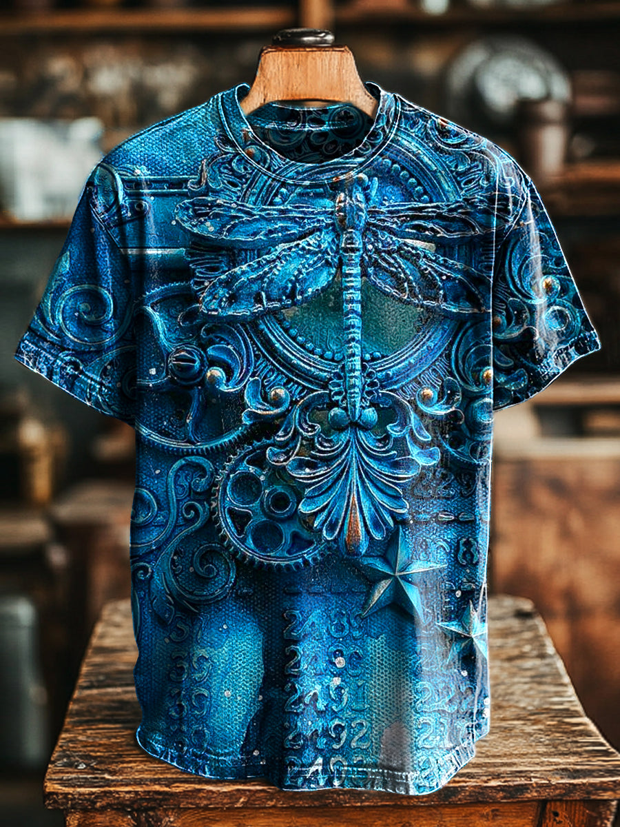 Herren Steampunk-T-Shirt mit 3D-Effekt-Print – Baumwollmix, Kurzarm, Retro & Ausdrucksstark