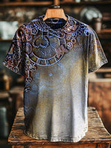 Herren T-Shirt mit Steampunk-Uhren- und Zahnradmuster – Baumwollmix, Herbst/Winter, Locker & Kreativ