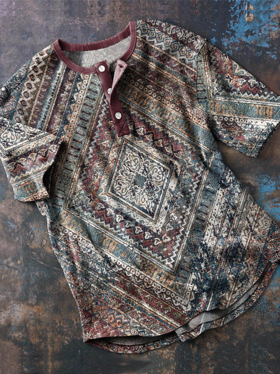 Herren Vintage Ethno T-shirt mit Knopfleiste – Baumwollmix, Retro-Boho-Stil, Sommer & Freizeit