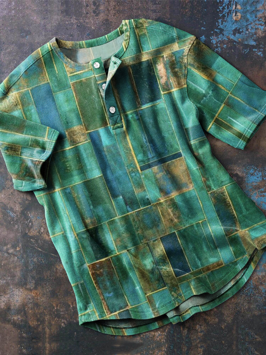 Vintage grünes abstraktes geometrisches Druck-T-Shirt mit 3 Knöpfen