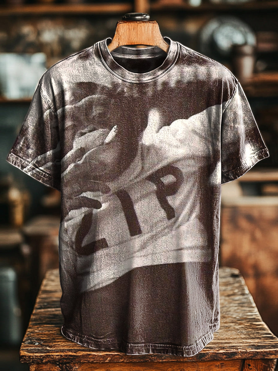 Herren Retro-T-Shirt mit „ZIP“-Fotodruck – Baumwollmix, Kurzarm, Streetwear-Style für Sommer & Alltag