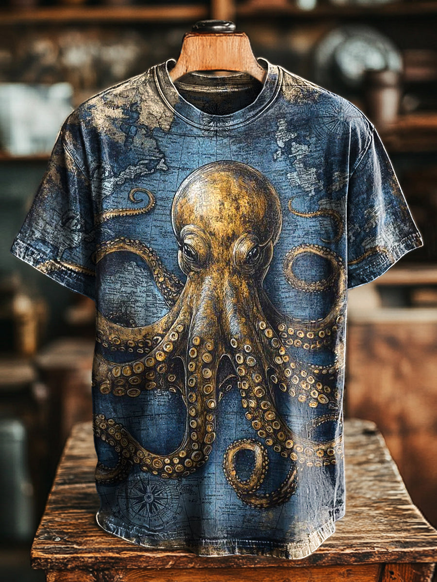 Herren Vintage-T-Shirt mit Oktopus- und Weltkarten-Print – Baumwollmix, Kurzarm, Maritim & Kreativ