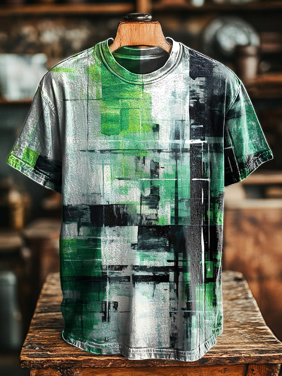 Herren T-Shirt mit grün-abstraktem Kunstmuster – Baumwollmix, Kurzarm, Kreativ & Modern