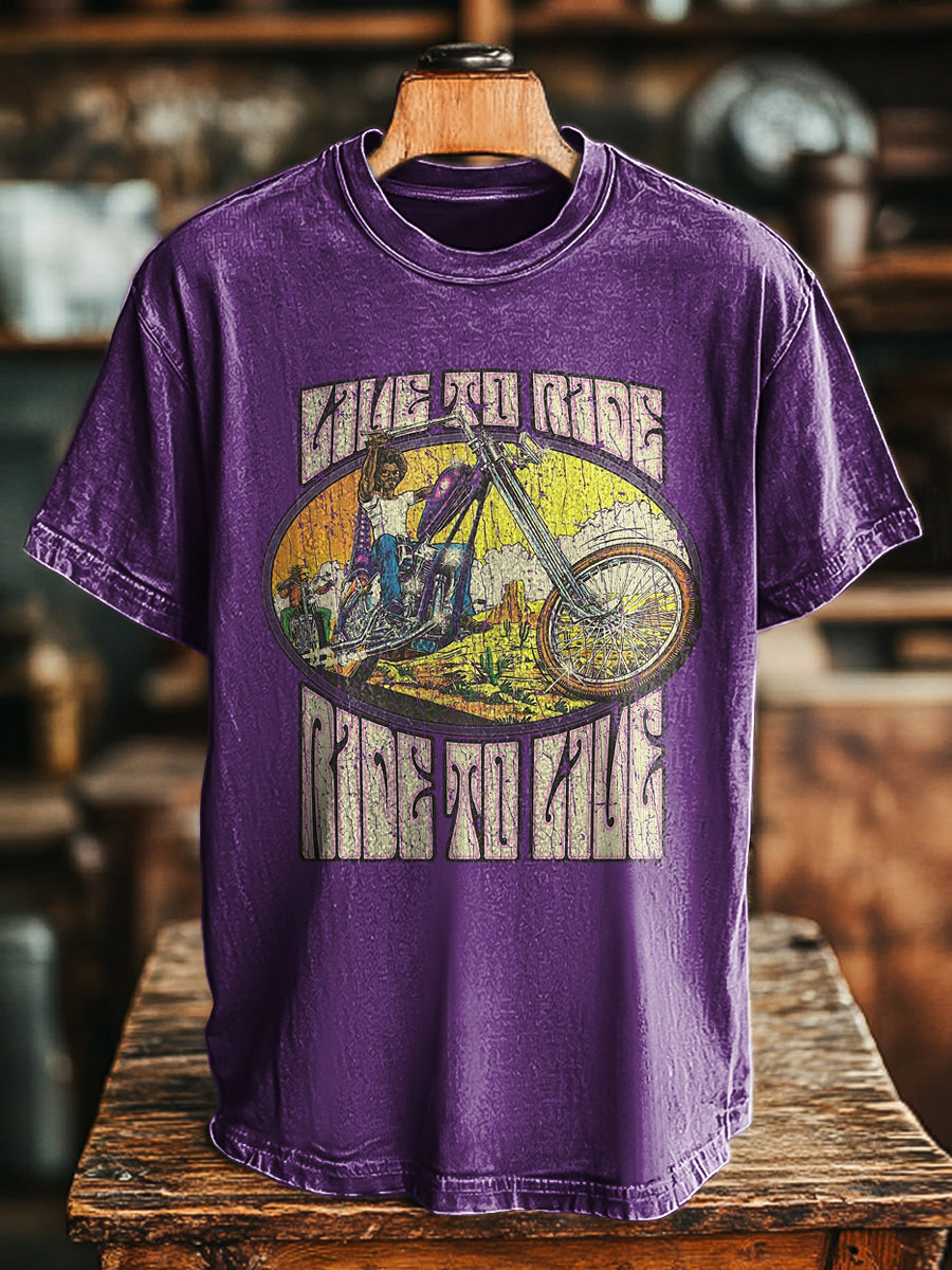 Herren Vintage Biker T-Shirt in Lila mit Retro-Motorrad-Print – Baumwollmix, Kurzarm, Sommerstil