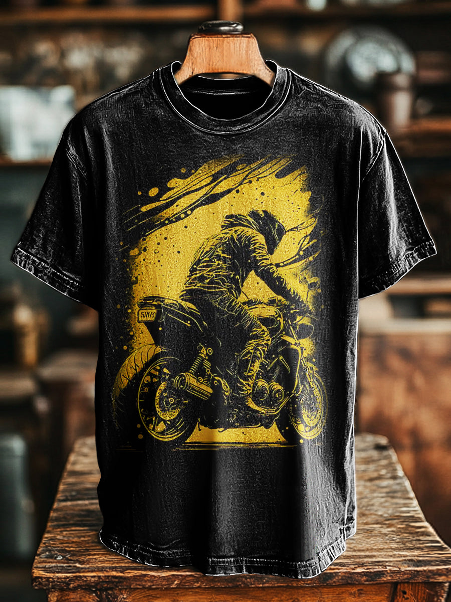 Herren Biker-Grafik T-Shirt in Schwarz mit Gelber Motorrad-Illustration – Baumwollmix, Kurzarm, Urban Streetwear