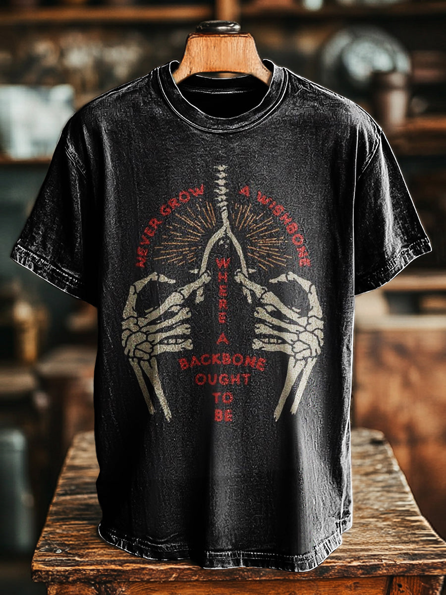 Herren Statement-T-Shirt mit Skelett- und Zitatdruck in Schwarz – Baumwollmix, Kurzarm, Streetstyle
